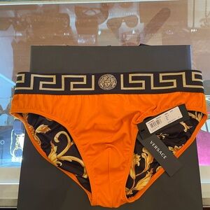 Versace Orange Swim Briefs for men with Black & Gold Greek Key Waistband